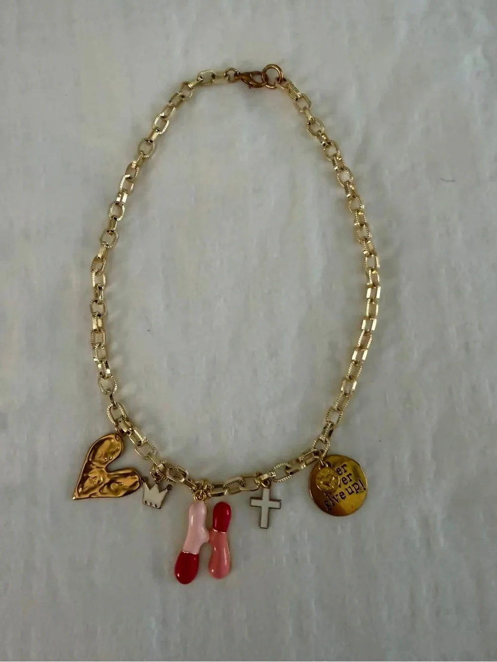 Gold Charm Necklace with Pink & Red Enamel Charms